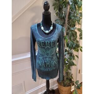 Daytrip Women’s Medium Blue Rebel Nation Graphic Long Sleeve Burnout Tee Shirt